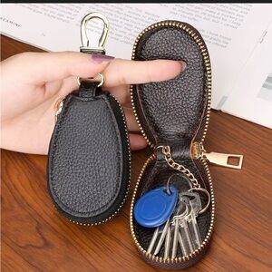 Black Leather Key Holder with Gold Zipper